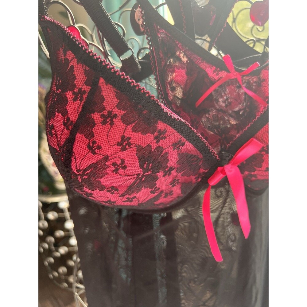 Per Lei Two Piece Lingerie Black + Pink Slip w Padded Cups And G String Size 2XL